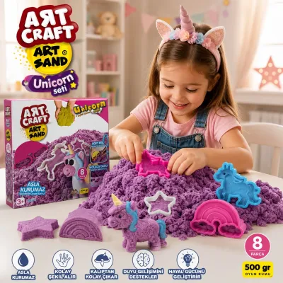 Art Craft Unicorn Oyun Kumu Seti 500 gr 8 Parça Kalıplı Sıkılabilir Kinetik Kum