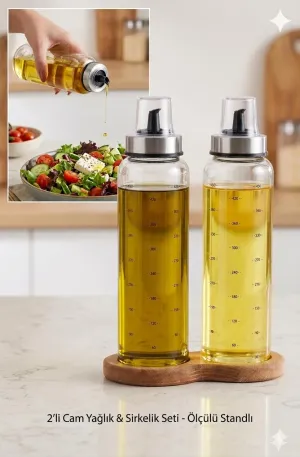 Ahşap Standlı Cam Yağdanlık Seti | Damlatmaz Kapak | 500 ml | 2’li Set