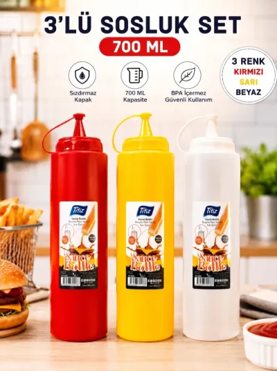 Titiz 3’lü 700 ml Sos Şişesi Seti Sızdırmaz Kapaklı Sarı Kırmızı Beyaz