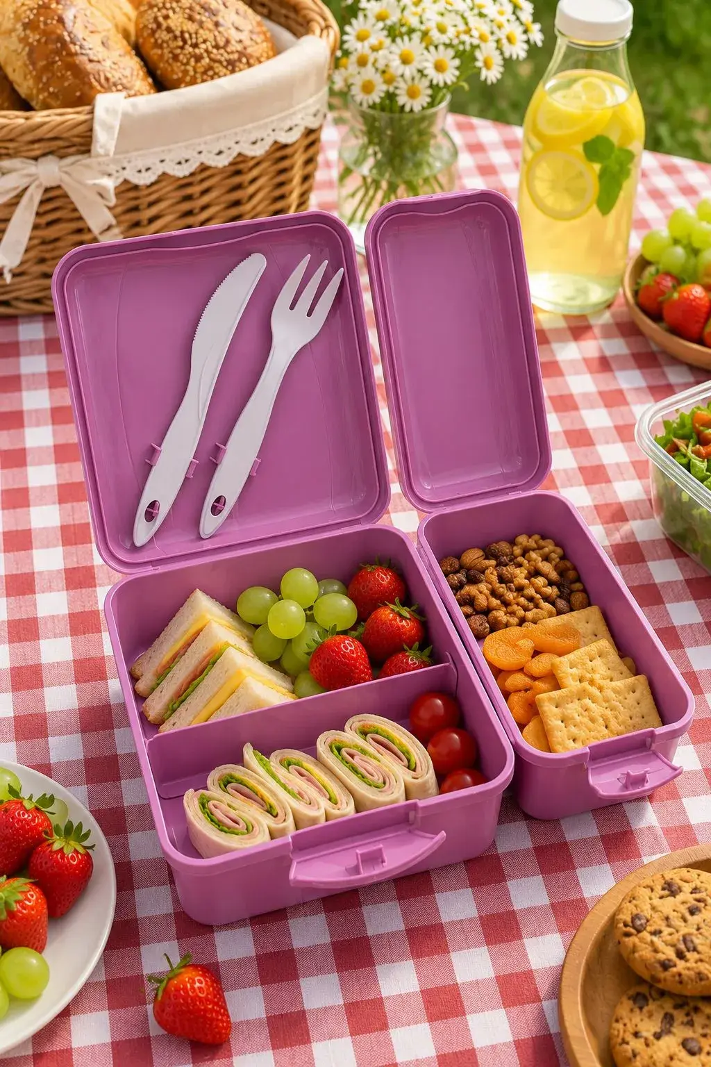 Titiz Takeaway Beslenme Kabı Seti Bölmeli Lunch Box Çatal Bıçak Dahil BPA Free Mor