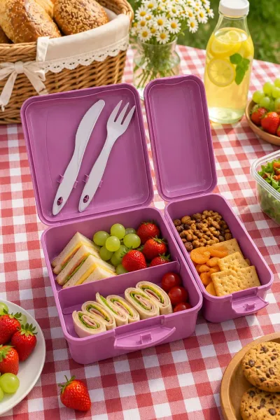 Titiz Takeaway Beslenme Kabı Seti Bölmeli Lunch Box Çatal Bıçak Dahil BPA Free Mor