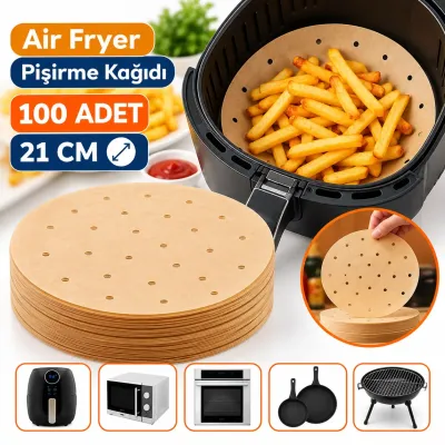 100 Adet 21 cm Yuvarlak Delikli Airfryer Fırın Pişirme Kağıdı Yanmaz Yapışmaz
