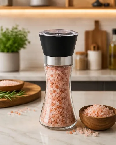 Seramik Öğütücülü 5 Kademe Ayarlı Cam Tuz Karabiber Değirmeni | Plastik Kapak | 200 ml Şeffaf 18 cm