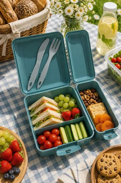 Titiz Takeaway Beslenme Kabı Seti Bölmeli Lunch Box Çatal Bıçak Dahil BPA Free - Yeşil