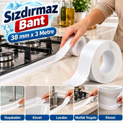 Su Sızdırmaz Bant 38 mm x 3 Metre Suya Neme Dayanıklı Lavabo Küvet Mutfak Tezgah Bandı