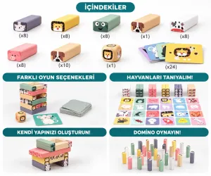 Topbright Wobble Tower Ahşap Denge Kulesi Hayvan Figürlü Eğitici Çocuk Oyunu Kartlı ve Zarlı