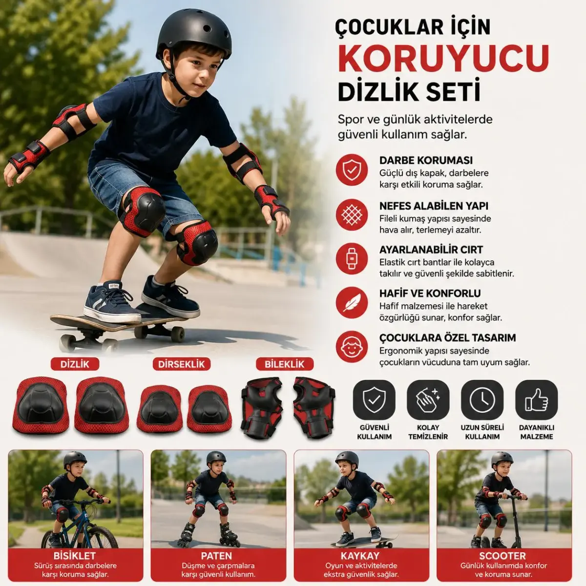 Çocuklar İçin Koruyucu Dizlik, Dirseklik ve Bileklik Seti - 3'lü Koruyucu Siyah
