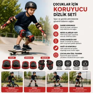 Çocuklar İçin Koruyucu Dizlik, Dirseklik ve Bileklik Seti - 3'lü Koruyucu Siyah