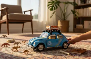 Klasik Işıklı Sesli Metal Araba – Mavi Valizli Retro Beetle - 15 cm