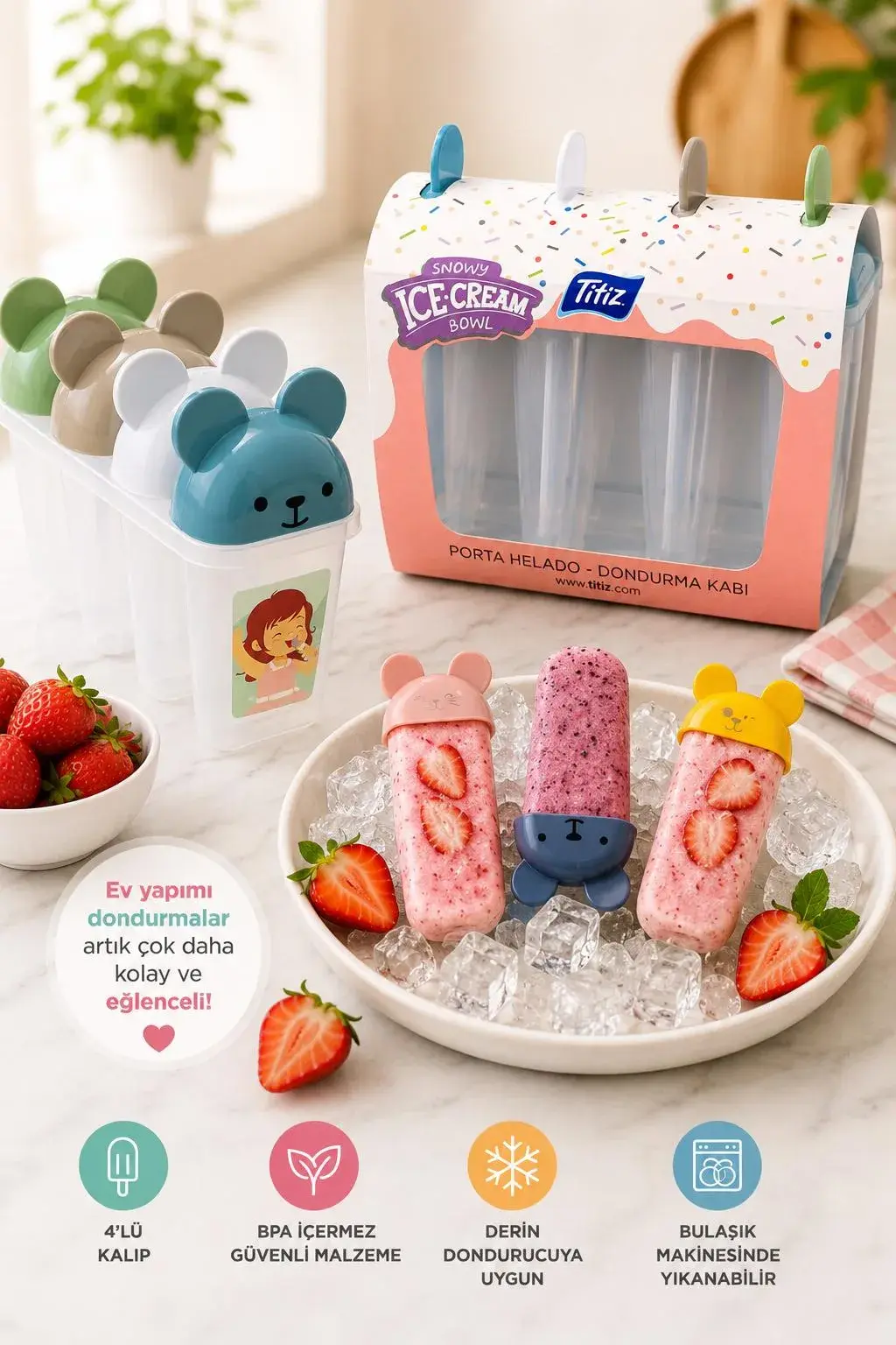 Snowy Bear Dondurma Kalıbı 4’lü BPA Free Ev Yapımı Dondurma ve Buz Kalıbı