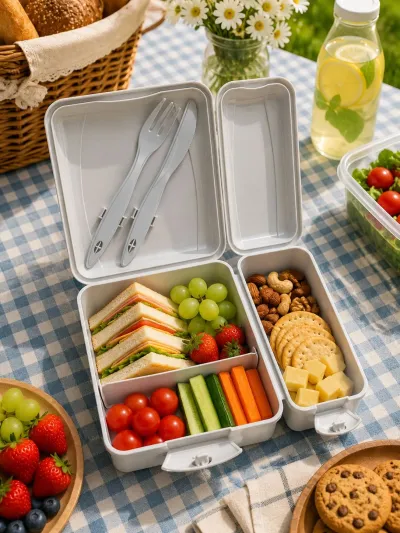 Titiz Takeaway Beslenme Kabı Seti Bölmeli Lunch Box Çatal Bıçak Dahil BPA Free Beyaz
