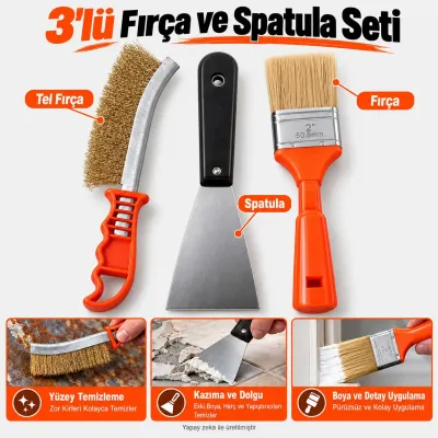 3’lü Fırça, Spatula ve Boya Fırçası Seti | Kazıma, Temizlik ve Tadilat Seti