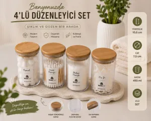 4’lü Ahşap Kapaklı Akrilik Banyo Düzenleyici Seti
