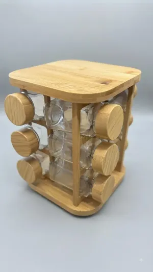 12’li Cam Baharatlık Seti Bambu Kapaklı Kare Döner Standlı Tuzluk Baharat Takımı
