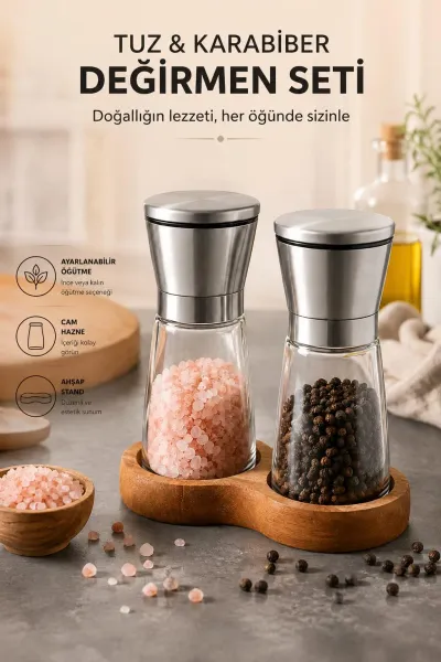 Ahşap Standlı Cam Tuz Karabiber Değirmeni | Paslanmaz Çelik Kapak | 180 ml Şeffaf 13 cm 2'li Set