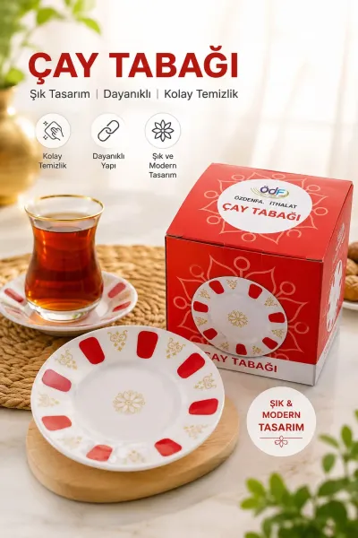 Geleneksel Kırmızı Desenli Altın Yaldızlı Porselen Çay Tabağı - Çapı 12 cm Dayanıklı 6 Adet