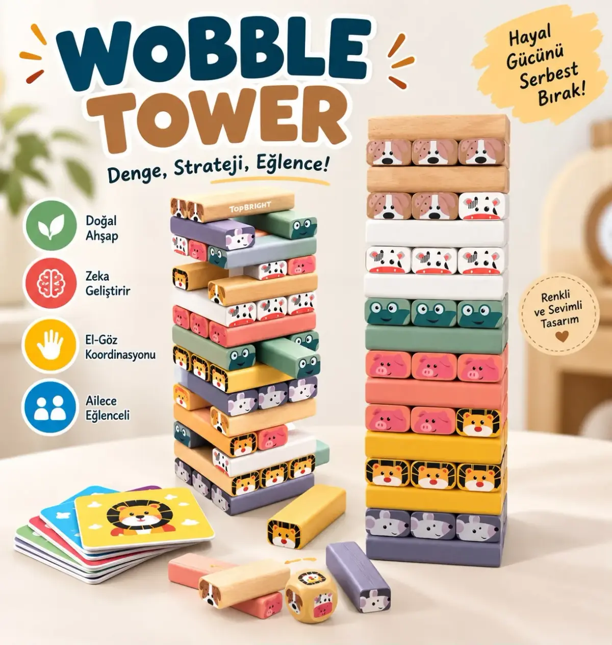 Topbright Wobble Tower Ahşap Denge Kulesi Hayvan Figürlü Eğitici Çocuk Oyunu Kartlı ve Zarlı