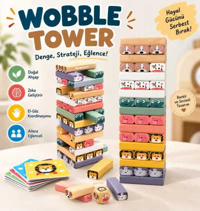 Topbright Wobble Tower Ahşap Denge Kulesi Hayvan Figürlü Eğitici Çocuk Oyunu Kartlı ve Zarlı