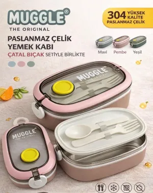Paslanmaz Çelik Yemek Kabı 750 ml – Çatal Kaşık Setli, Çift Kilitli Tasarım- Pembe Renk