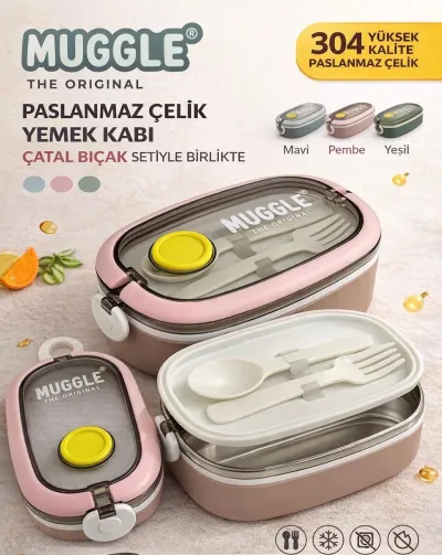 Paslanmaz Çelik Yemek Kabı 750 ml – Çatal Kaşık Setli, Çift Kilitli Tasarım- Pembe Renk