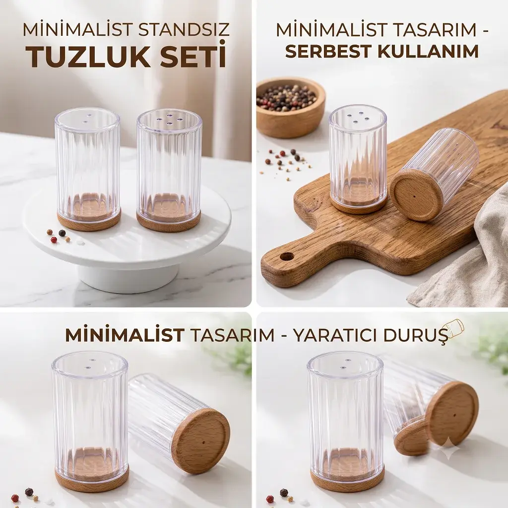 Ahşap Kapaklı 2'li Tuzluk Seti - Şeffaf Plastik Baharatlık Karabiberlik