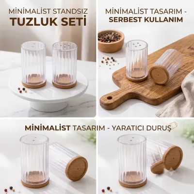 Ahşap Kapaklı 2'li Tuzluk Seti - Şeffaf Plastik Baharatlık Karabiberlik