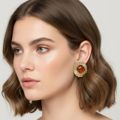 Kadın Kahve Taşlı Gold Detaylı Çelik 14 K Küpe 30 mm