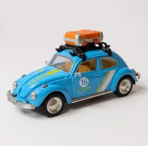 Klasik Işıklı Sesli Metal Araba – Mavi Valizli Retro Beetle - 15 cm