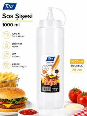 Titiz 3’lü 1000 ml Sos Şişesi Seti Sızdırmaz Kapaklı Sarı Kırmızı Beyaz