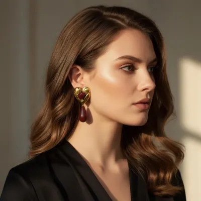 Kadın Gold Renk Kalp Formlu Bordo Taşlı Sallantılı Küpe