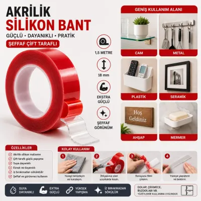 Şeffaf Çift Taraflı Akrilik Silikon Bant 1,5 Metre 18 mm Ekstra Güçlü 1 Adet