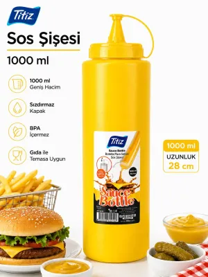 Titiz 3’lü 1000 ml Sos Şişesi Seti Sızdırmaz Kapaklı Sarı Kırmızı Beyaz