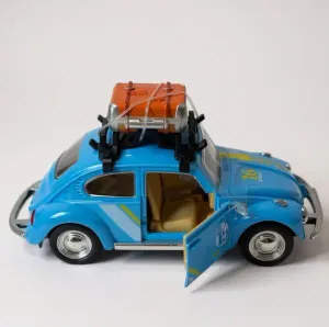 Klasik Işıklı Sesli Metal Araba – Mavi Valizli Retro Beetle - 15 cm