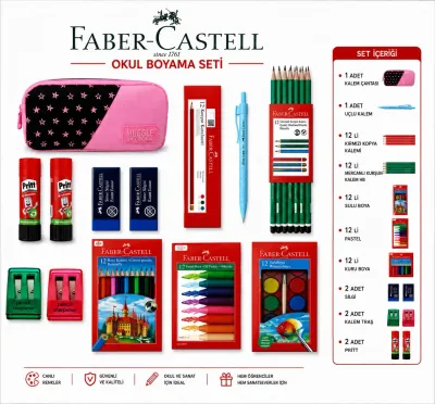 Faber-Castell Okul Boyama Kırtasiye Seti 12’li Boyalar Kalem Silgi Pritt Kalemlik Uçlu Kalem