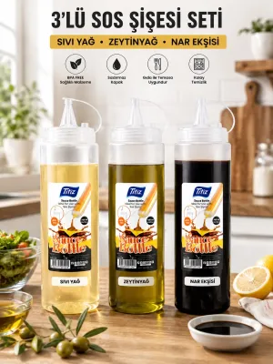 Titiz 3’lü 700 ml Sos Şişesi Seti Sızdırmaz Kapaklı Sarı Kırmızı Beyaz