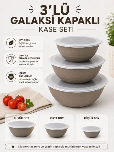 Galaksi Kapaklı Kase Seti 3’lü 1 Lt 2 Lt 3 Lt BPA Free Krem