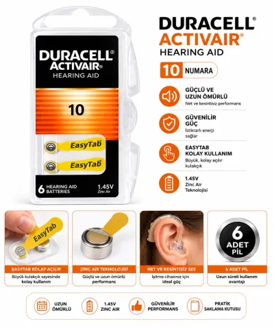 Duracell Activair 10 Numara İşitme Cihazı Pili 6'lı Paket