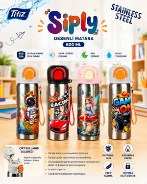 Titiz Siply 600 ml 304 Paslanmaz Çelik Çocuk Matarası Pipetli ve Direkt İçim Çift Kullanımlı Pembe