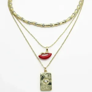 3’lü Figürlü Çoklu Kolye Seti – Dudak  Plaka Detaylı