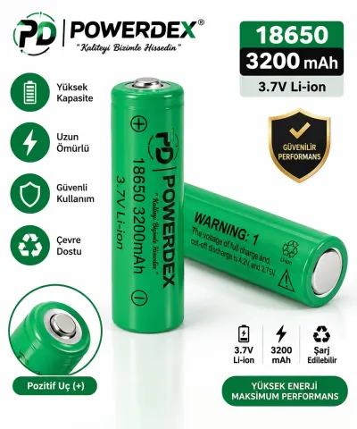 Powerdex 18650 3200 mAh 3.7V Li-ion Şarj Edilebilir Lityum Pil 6,5 cm