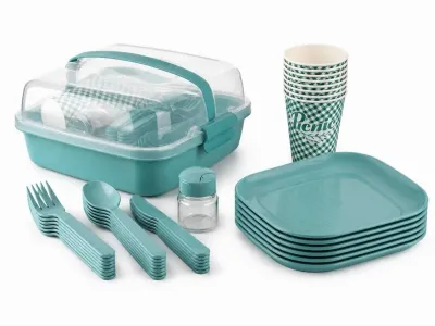 Titiz Lovely 32 Parça 6 Kişilik Piknik Seti BPA Free Kapaklı Taşınabilir Piknik Sepeti - Mavi