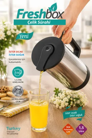 1,5 Litre 304 Paslanmaz Çelik Sürahi | Sıcak Soğuk İçecek Sürahisi | Çelik Termal Sürahi