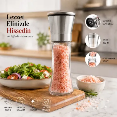 Seramik Öğütücülü 5 Kademe Ayarlı Tuz ve Karabiber El Değirmeni - 200 ml Şeffaf Cam Hazne 18 cm