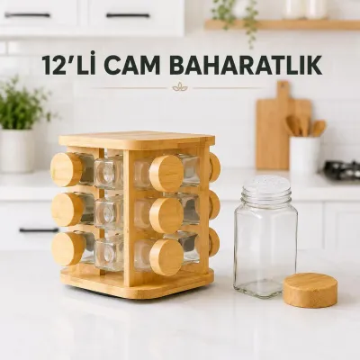 12’li Cam Baharatlık Seti Bambu Kapaklı Kare Döner Standlı Tuzluk Baharat Takımı