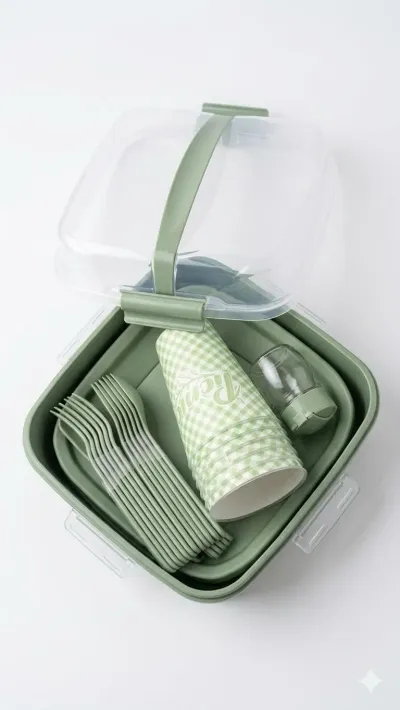 Titiz Lovely 32 Parça 6 Kişilik Piknik Seti BPA Free Kapaklı Taşınabilir Piknik Sepeti Yeşil