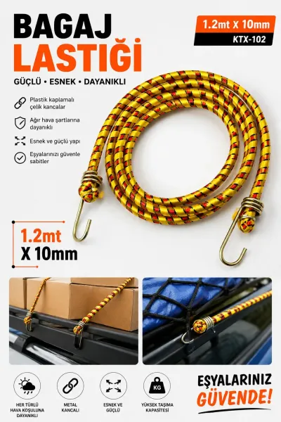 Bagaj Lastiği 1,2 Metre 10 mm Çelik Kancalı Esnek Yük Sabitleme Lastiği - Sarı