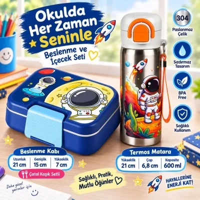 Titiz Çelik Beslenme Kabı ve 600 ml Çelik Termos Matara Seti Astronot Desenli 2’li Okul Seti