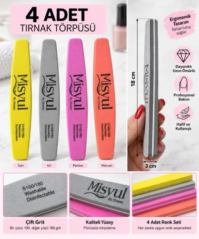 4’lü Profesyonel Tırnak Törpüsü 100/180 Grit Çift Taraflı Yıkanabilir Manikür Seti
