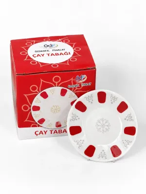 Geleneksel Kırmızı Desenli Altın Yaldızlı Porselen Çay Tabağı - Çapı 12 cm Dayanıklı 6 Adet