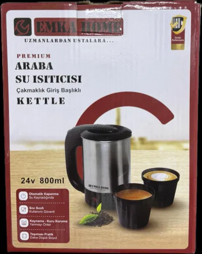 Emka Home Premium 24V Araç İçi Su Isıtıcı Kettle 800 ml – Çakmaklık Girişli Paslanmaz Çelik Kettle